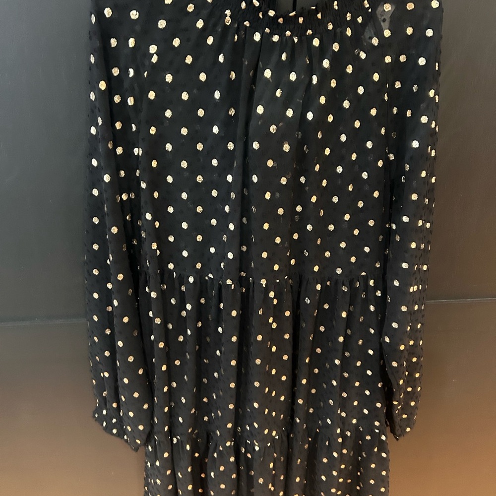 Macy's Black tiered dress with Gold Dots